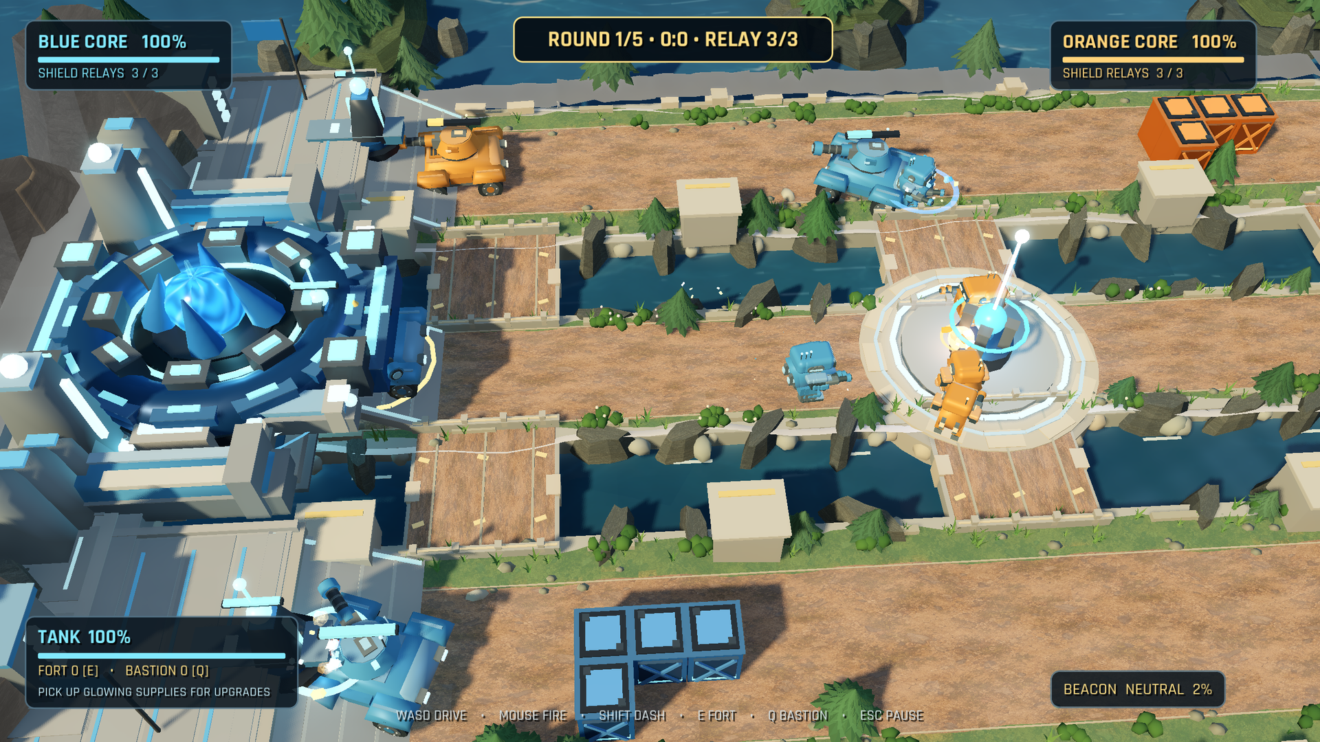 Closer view of the blue core, water channels, bridges and tanks