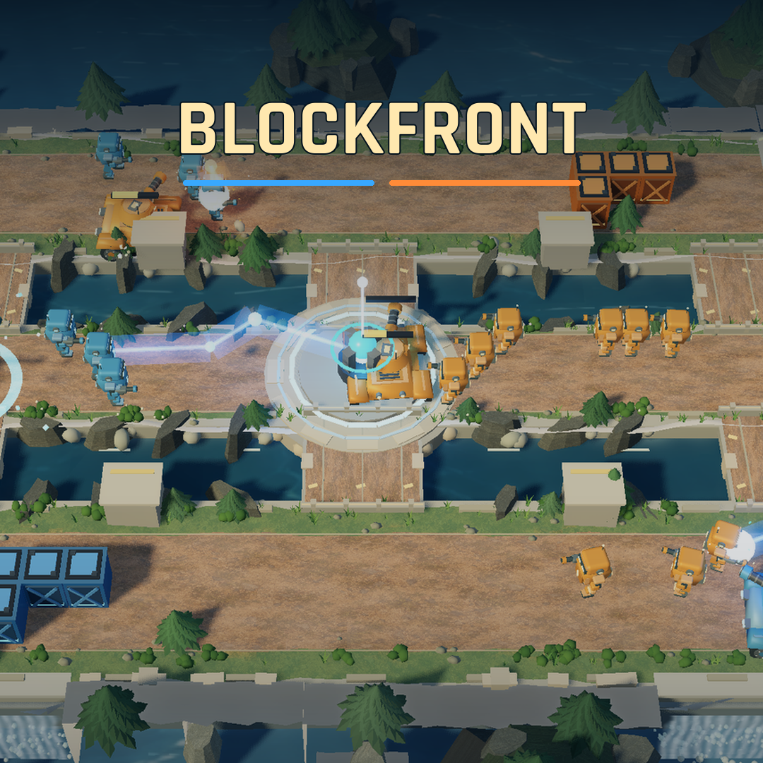 Blockfront artwork based on actual gameplay showing robot squads and a blue laser over the central beacon