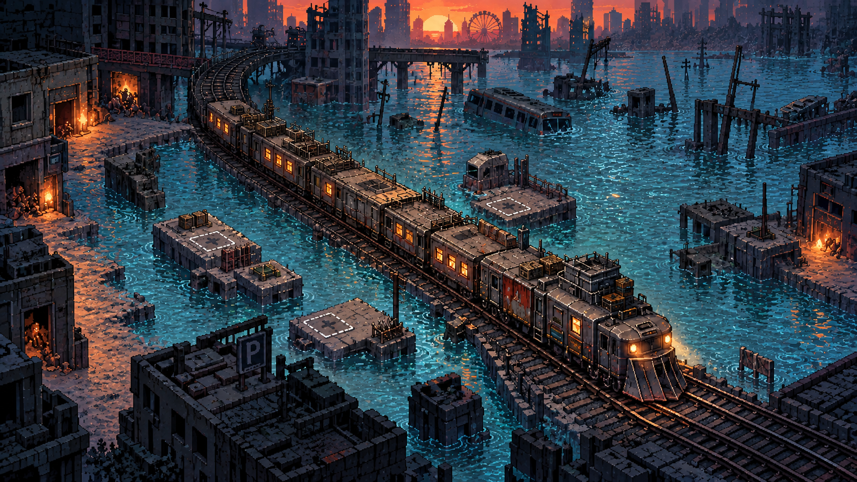 Evacuation train crossing a flooded pixel-art city at sunset