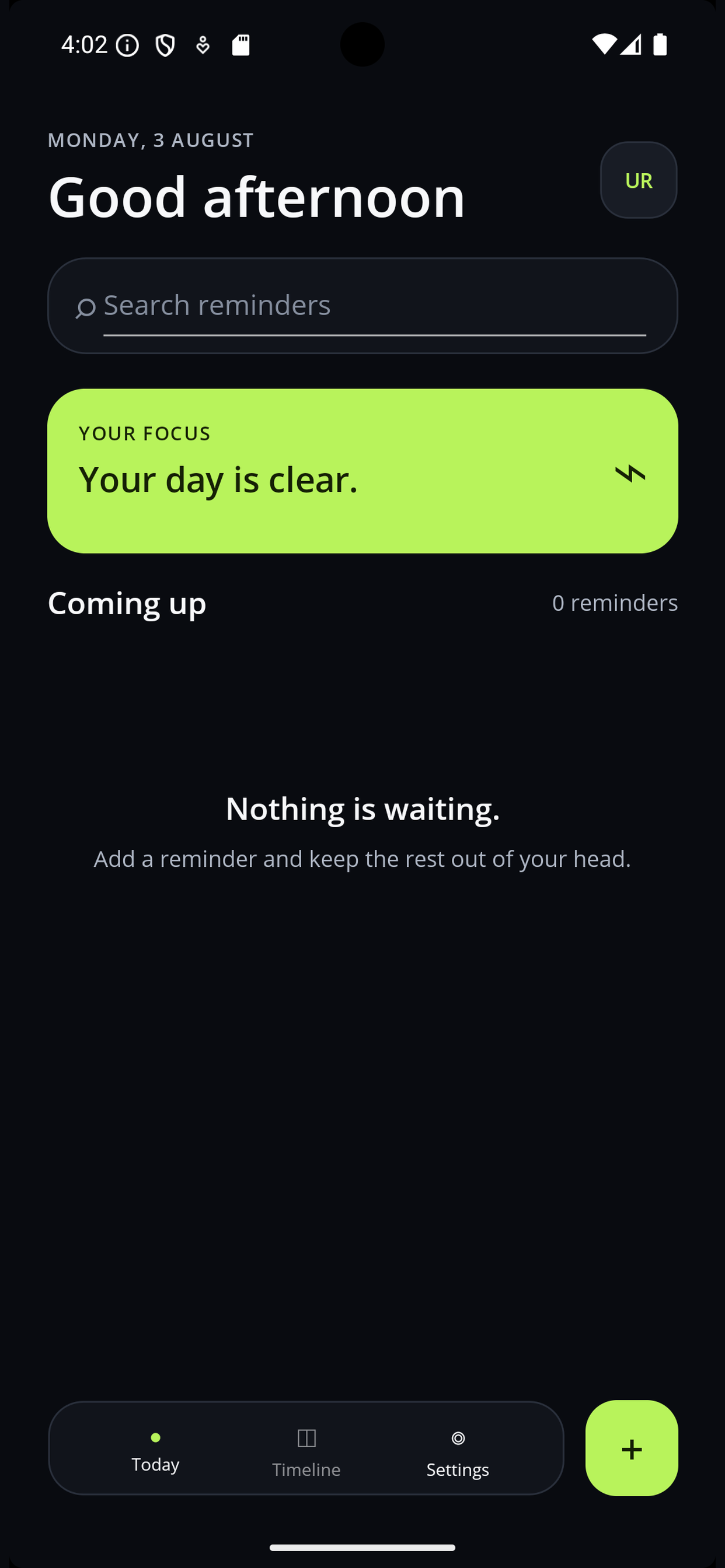 UniRemind clear Today view on mobile